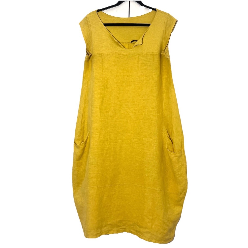 DIGS Linen Bubble Midi Dress Yellow Sleeveless Cocoon Minimalist Lagenlook S - Picture 1 of 7
